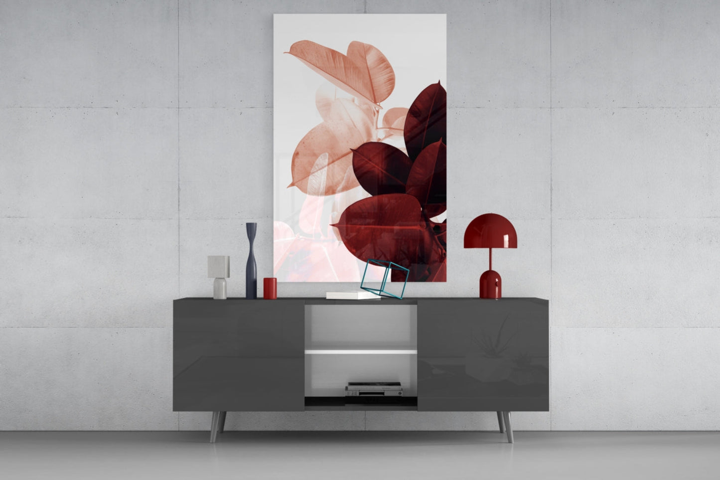 Burgundy Rubber Leaves Glass Wall Art