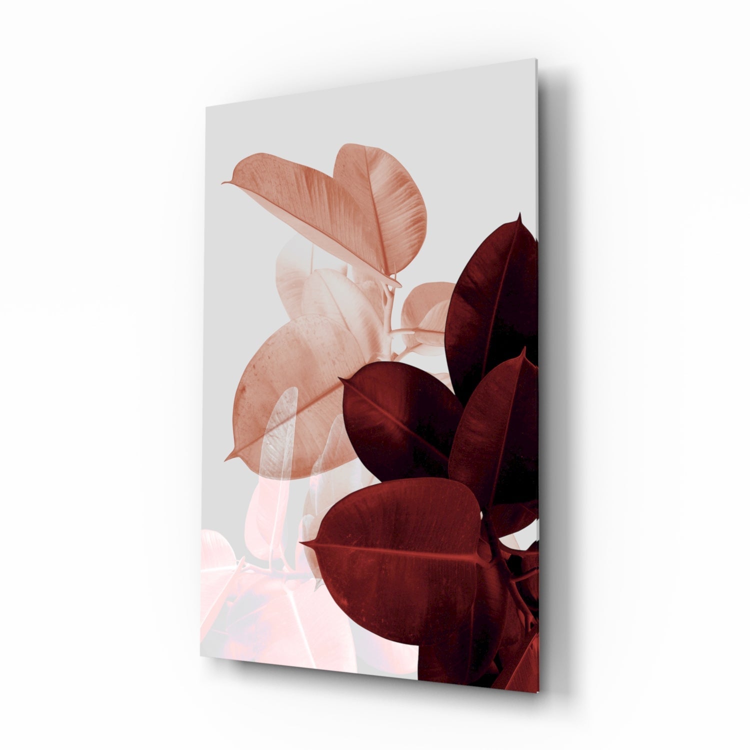 Burgundy rubber leaves glass wall art botanical design