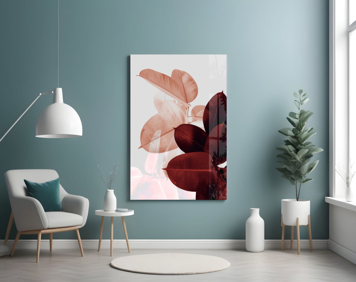 Burgundy Rubber Leaves Glass Wall Art