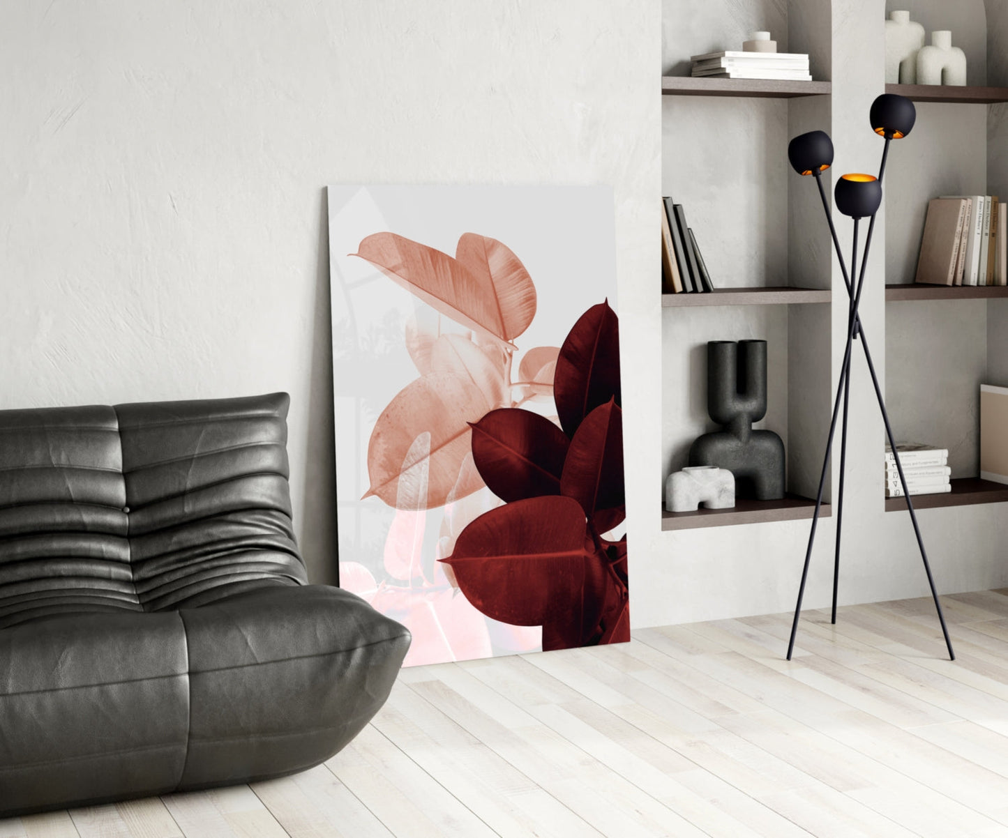 Burgundy Rubber Leaves Glass Wall Art