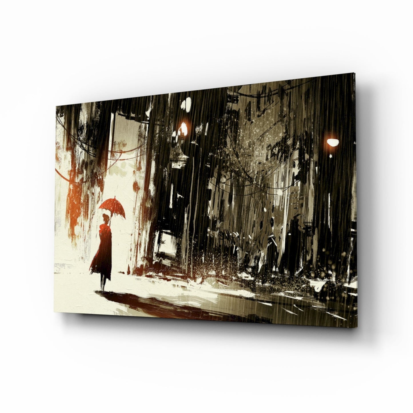 Rainy city noir street glass wall art