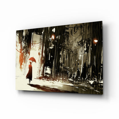 Rainy city noir street glass wall art