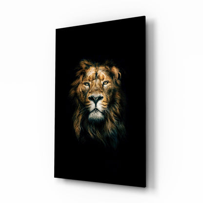 Golden mane lion portrait glass wall art