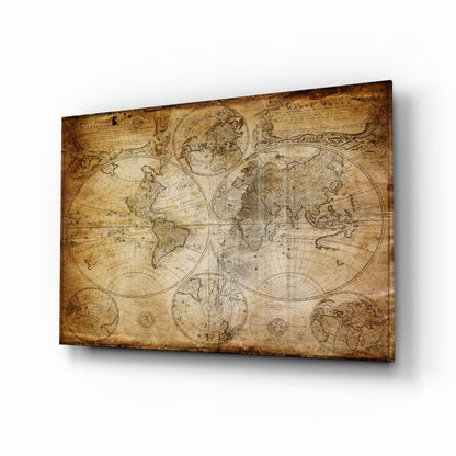 World Map glass wall art in vintage sepia tones in a study
