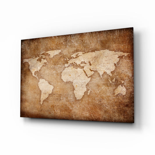 Vintage World Map glass wall art in cocoa amber tones