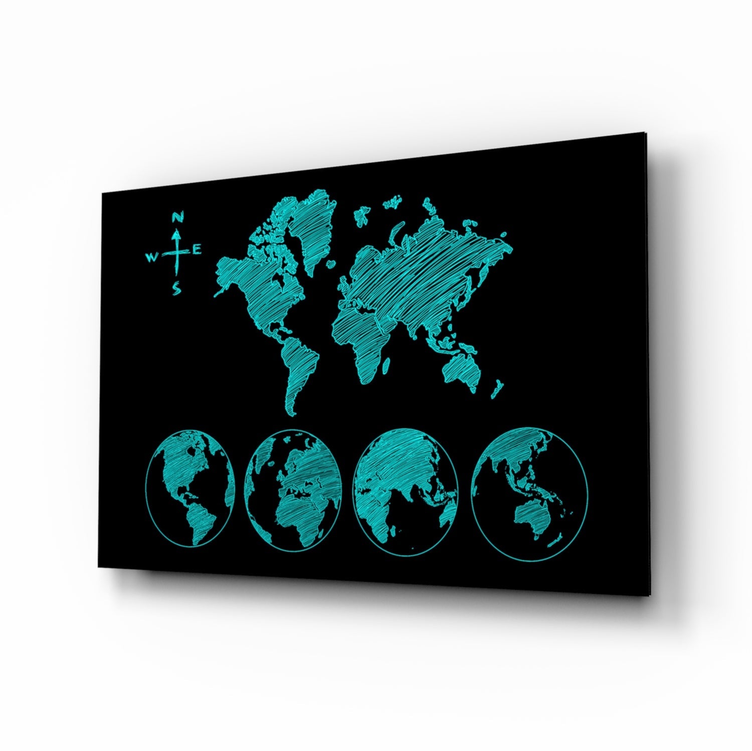 Turquoise sketch world map glass wall art