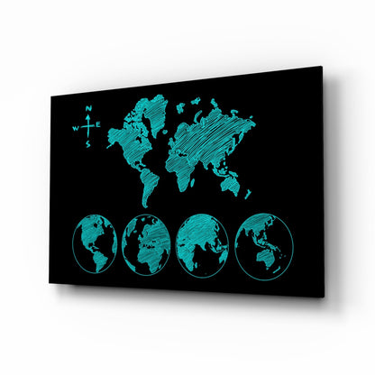 Turquoise sketch world map glass wall art