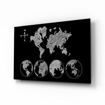 White Sketch World Map Glass Art