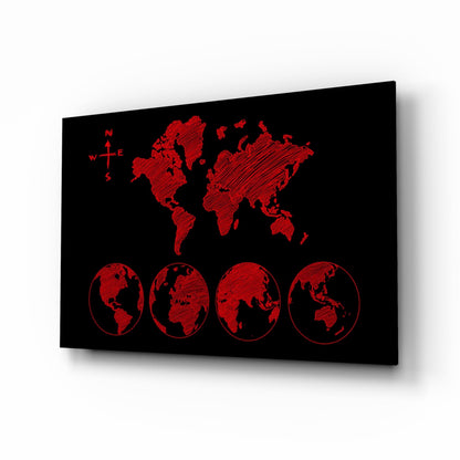 Red sketch world map glass wall art
