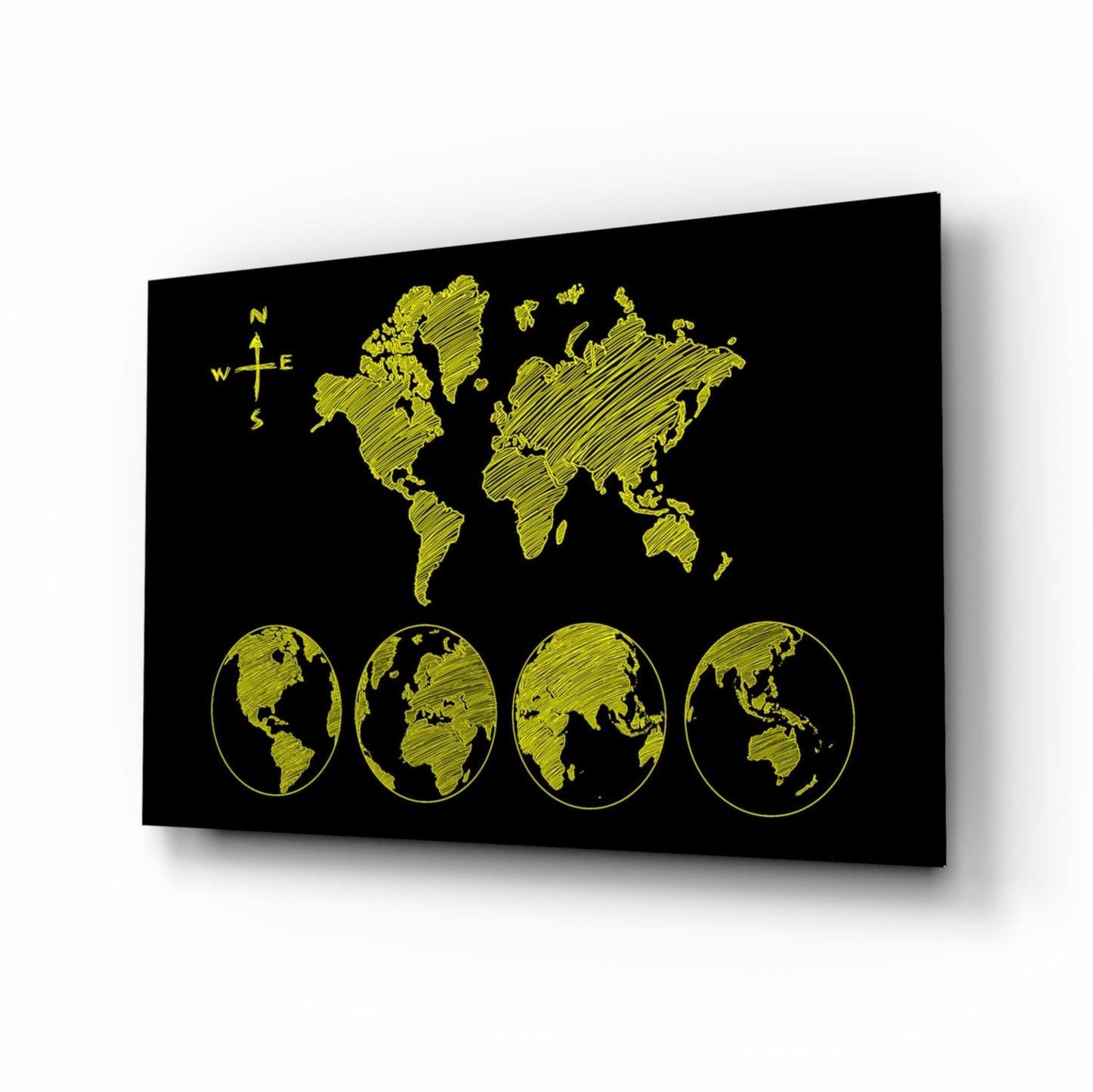 Yellow Sketch World Map Glass Art