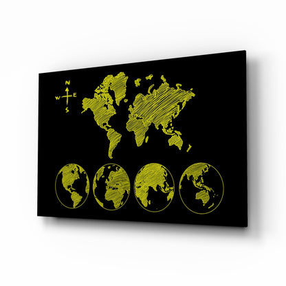 Yellow Sketch World Map Glass Art