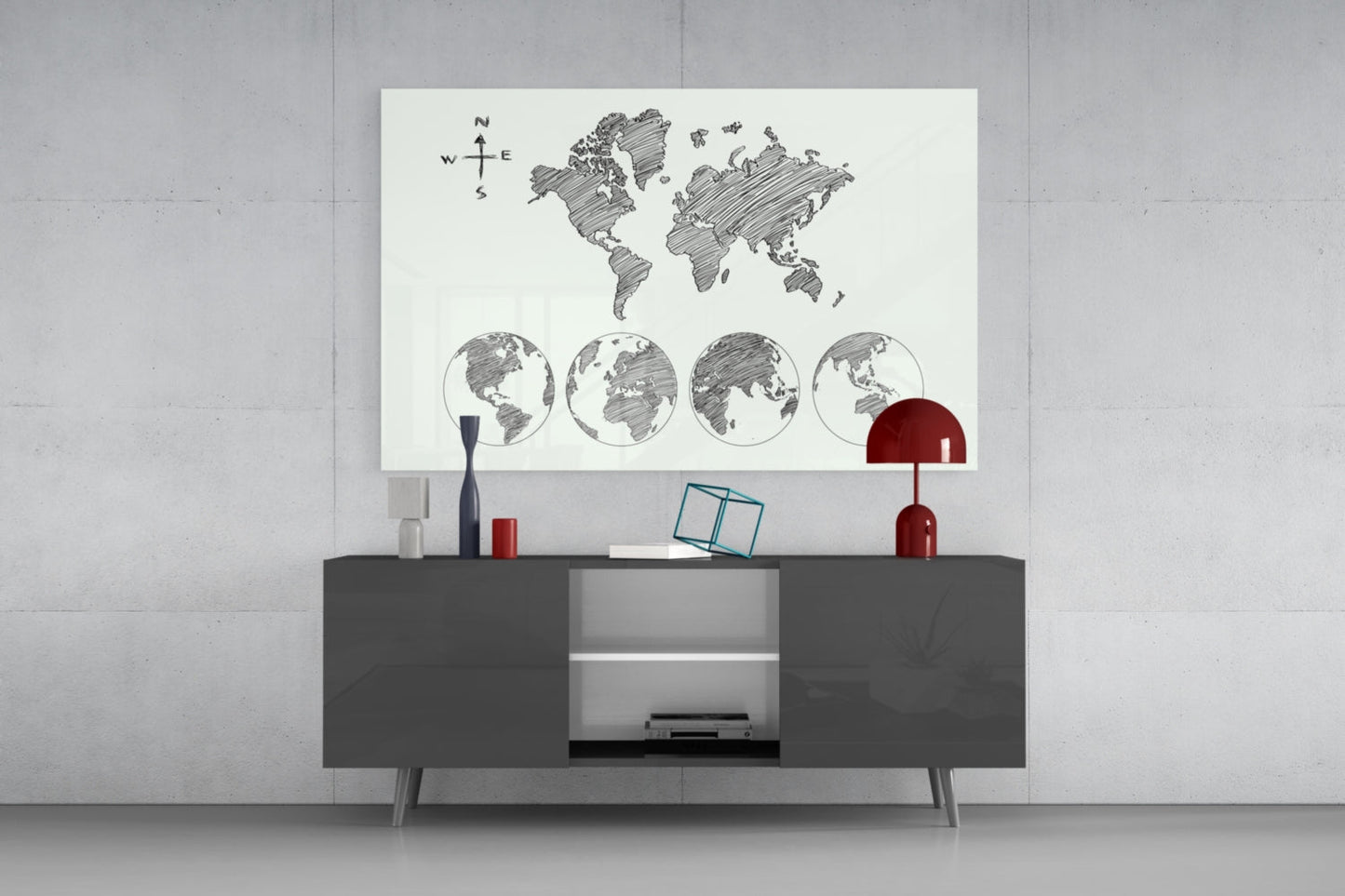 Sketch World Map Glass Wall Art