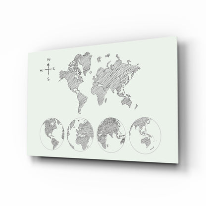 Sketch world map glass wall art travel decor