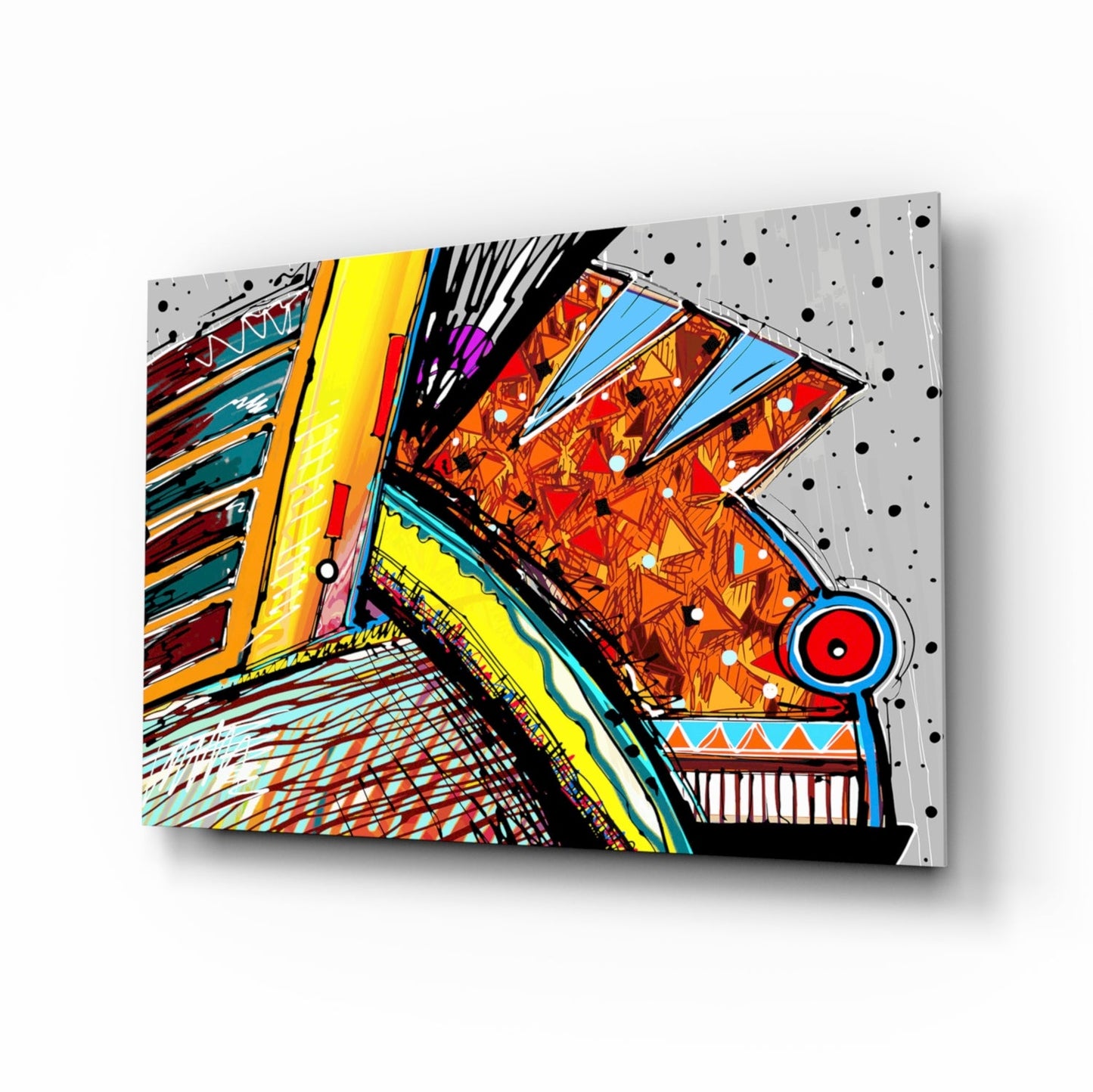 Abstract Chameleon glass wall art with bold graffiti colors