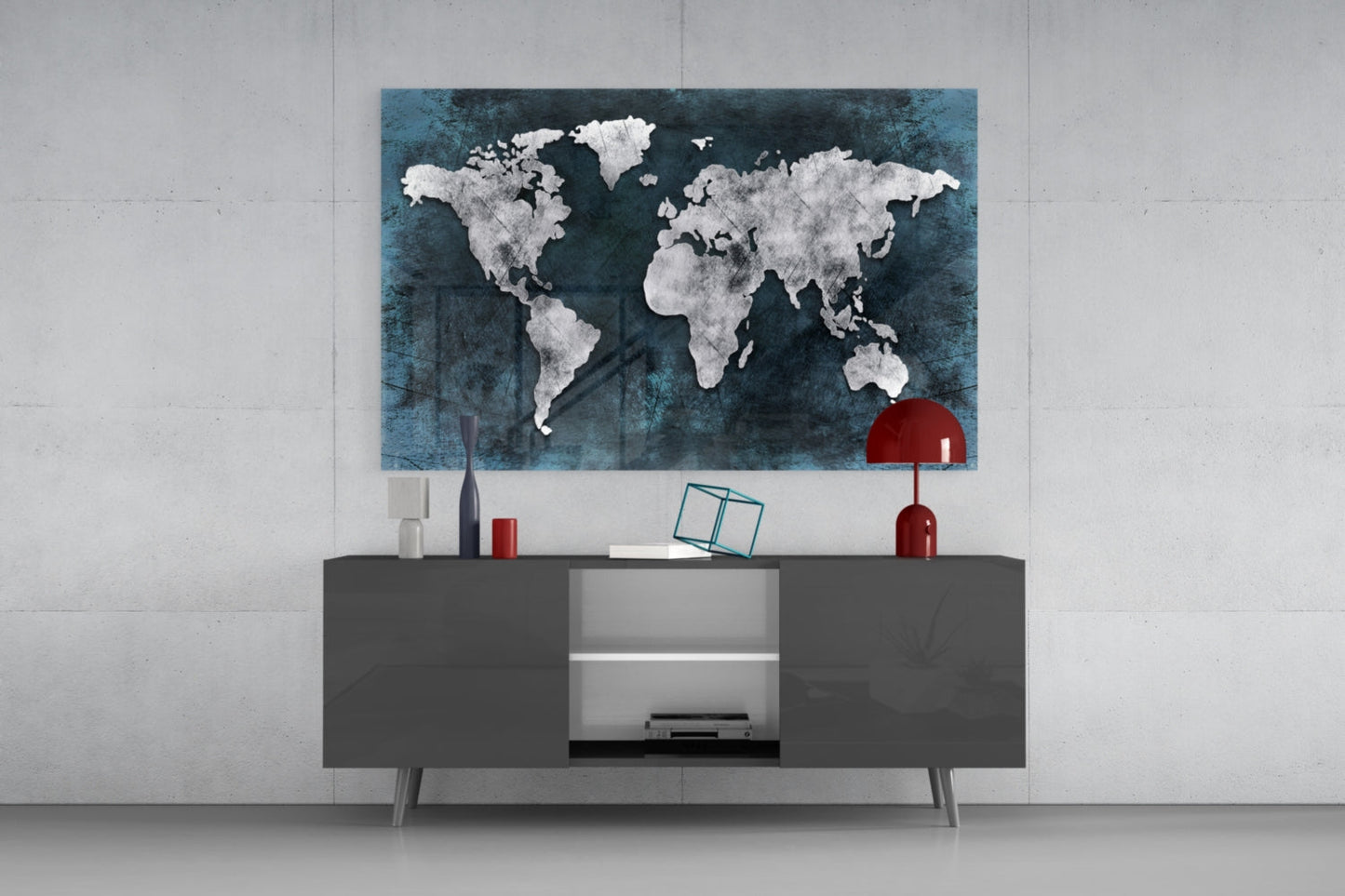 Midnight Grunge World Map Glass Wall Art