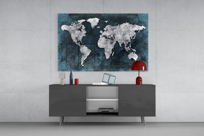 Midnight Grunge World Map Glass Wall Art