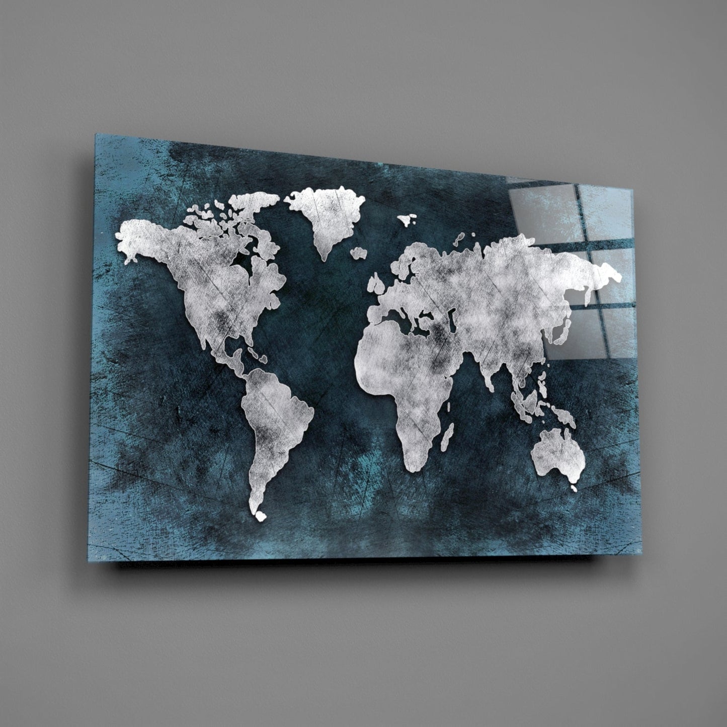 Midnight Grunge World Map Glass Wall Art
