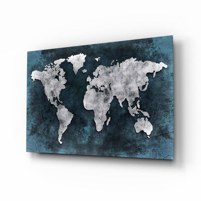 Midnight grunge world map glass wall art