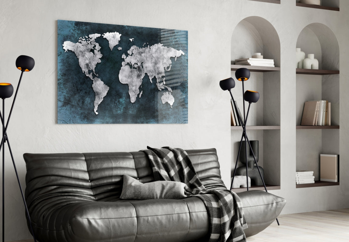 Midnight Grunge World Map Glass Wall Art