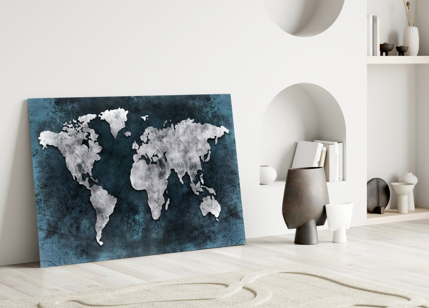 Midnight Grunge World Map Glass Wall Art