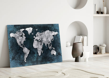Midnight Grunge World Map Glass Wall Art
