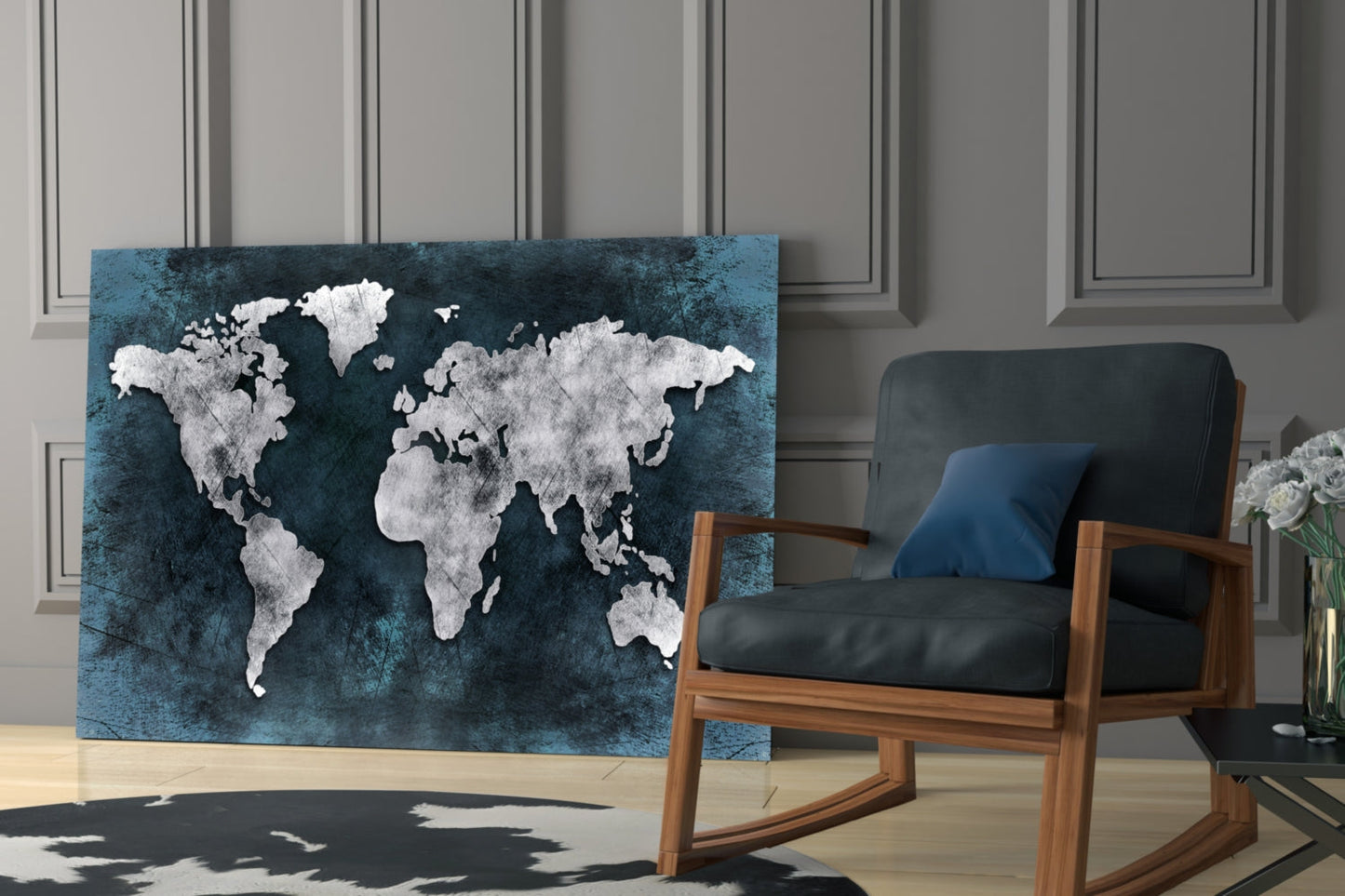 Midnight Grunge World Map Glass Wall Art