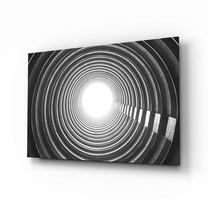 Concentric ring tunnel black and white glass wall art