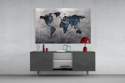 Navy Stone World Map Glass Wall Art
