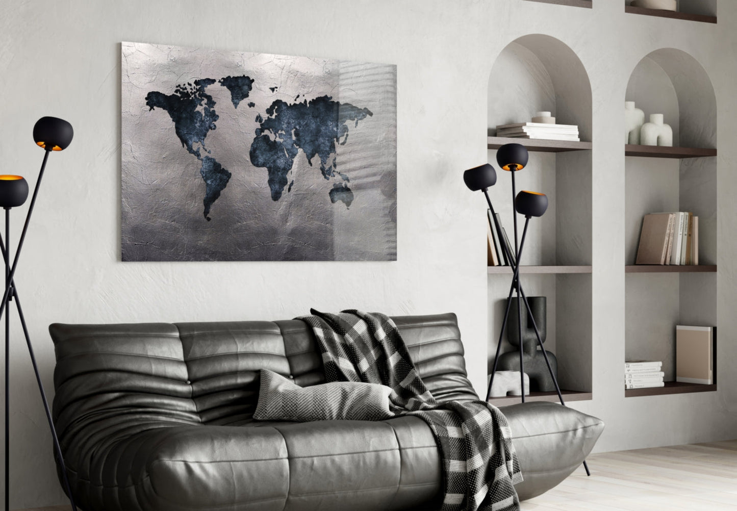 Navy Stone World Map Glass Wall Art
