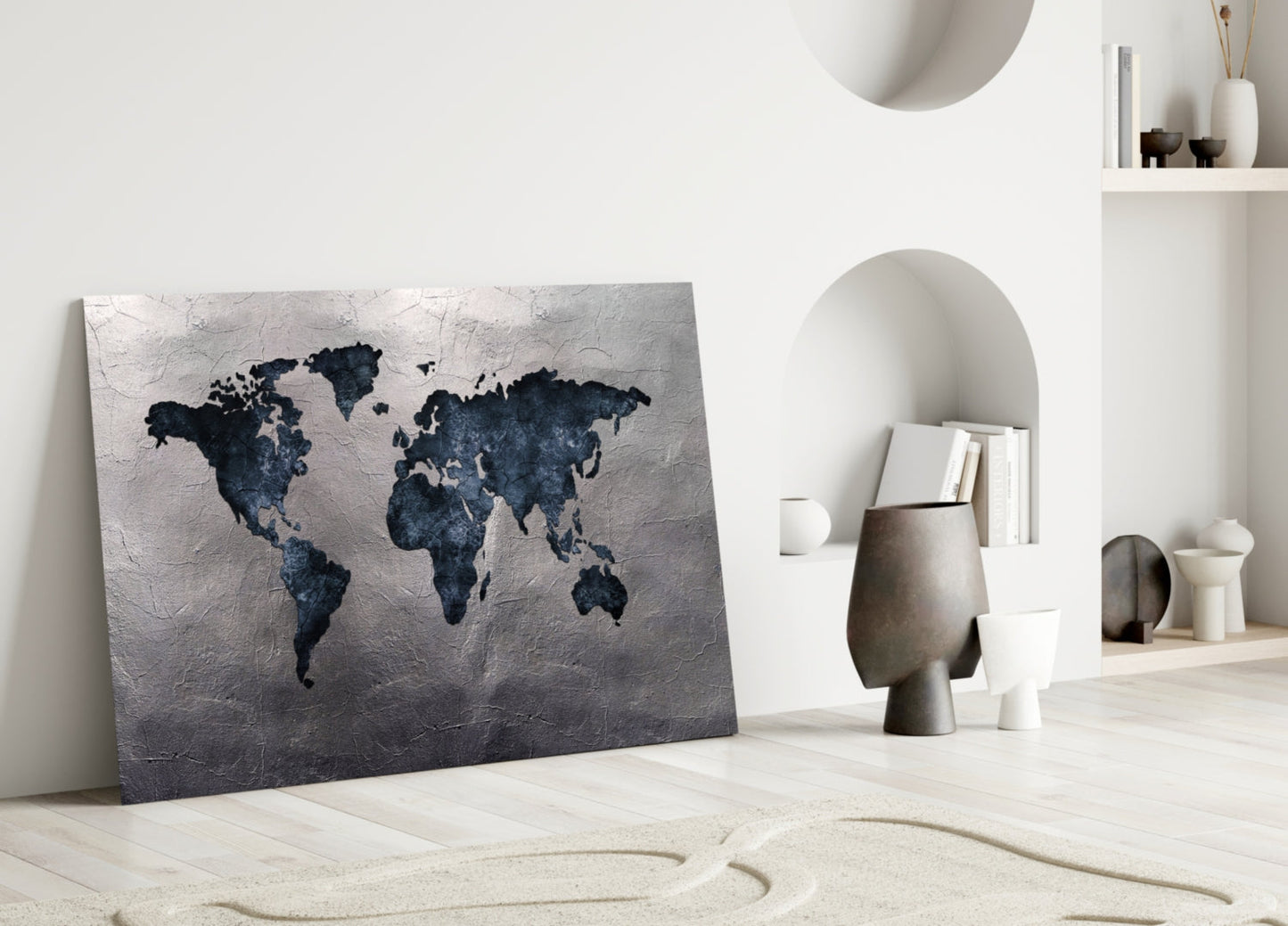 Navy Stone World Map Glass Wall Art