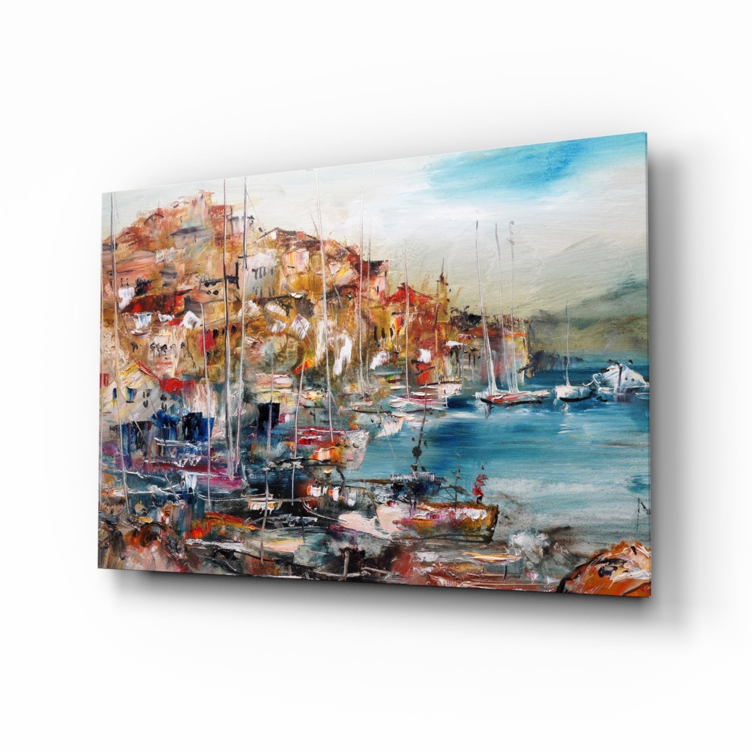 Colorful Harbor Town coastal glass wall art