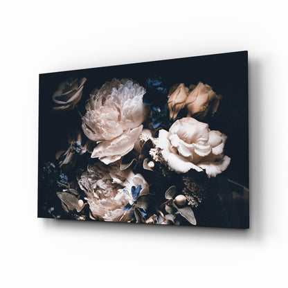 Dark floral bouquet glass wall art, cream peonies and ivory roses against deep black