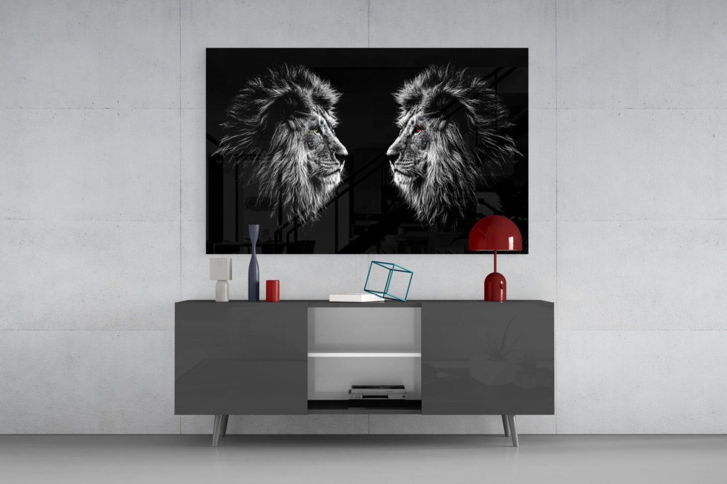 Facing Lions Glass Wall Art