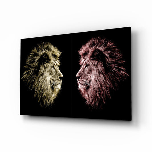 Twin lions portrait glass wall art, gold and crimson lion pair on tempered glass