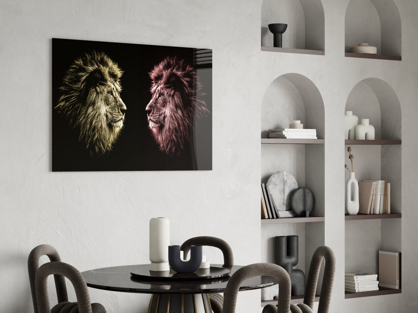 Gold Pink Facing Lions Glass Wall Art