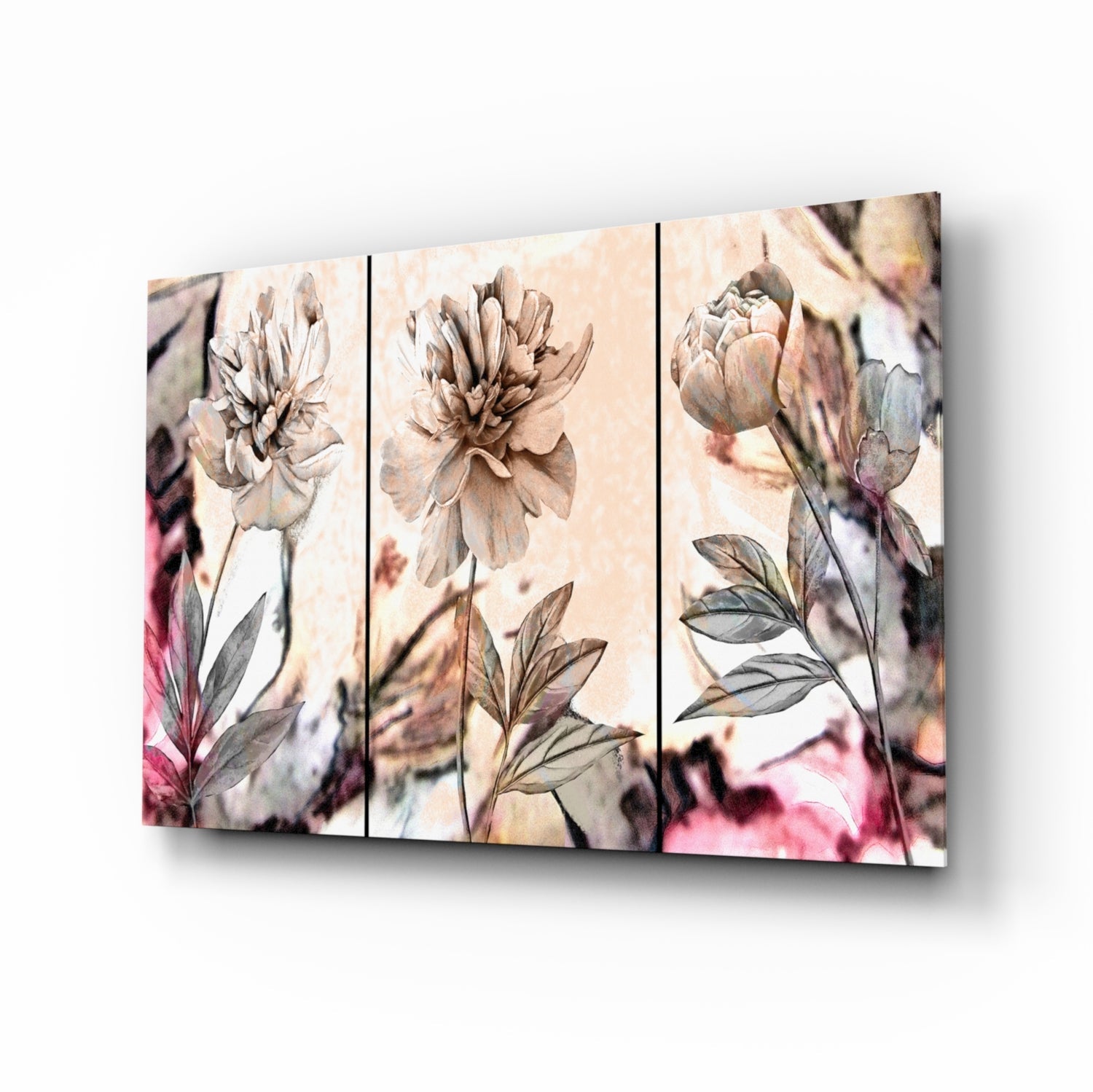 Pastel peony glass wall art botanical floral triptych