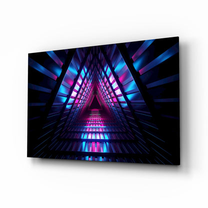 Neon tunnel glass wall art, magenta and cyan light bars receding to a vanishing point