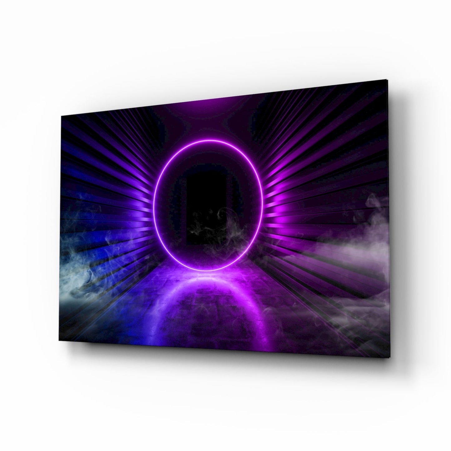 Purple Neon Ring Gateway glass wall art with magenta neon portal scene