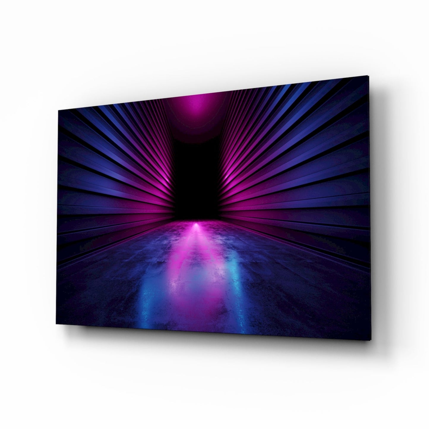 Purple Radial Light Tunnel glass wall art with vanishing-point neon design