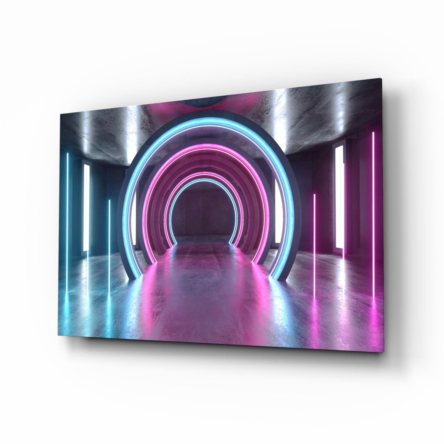 Concentric neon arch tunnel glass wall art