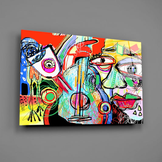 Bird Violin and Man Cubist Glass Wall Art