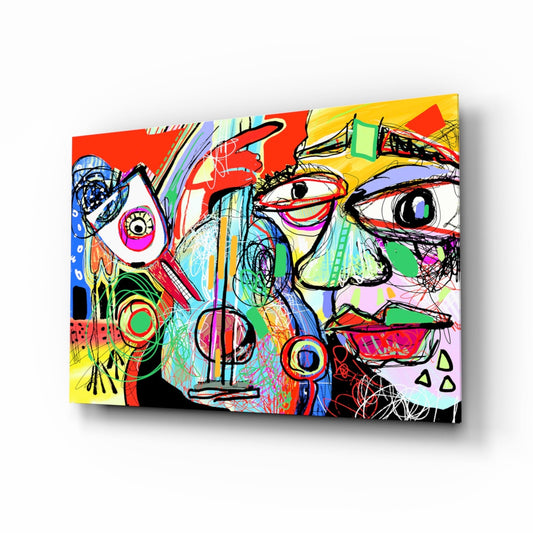 Bird violin and man cubist glass wall art - colorful folk-cubist faces with birds and violin