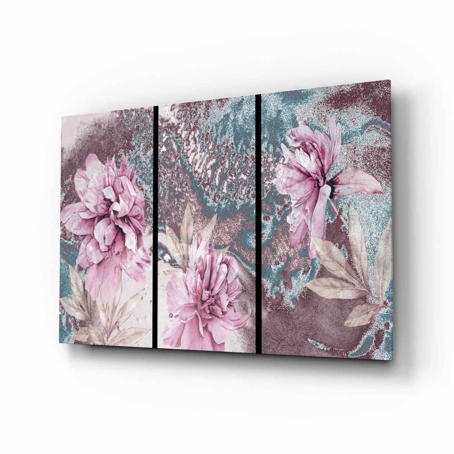 Pink peony teal marble glass wall art