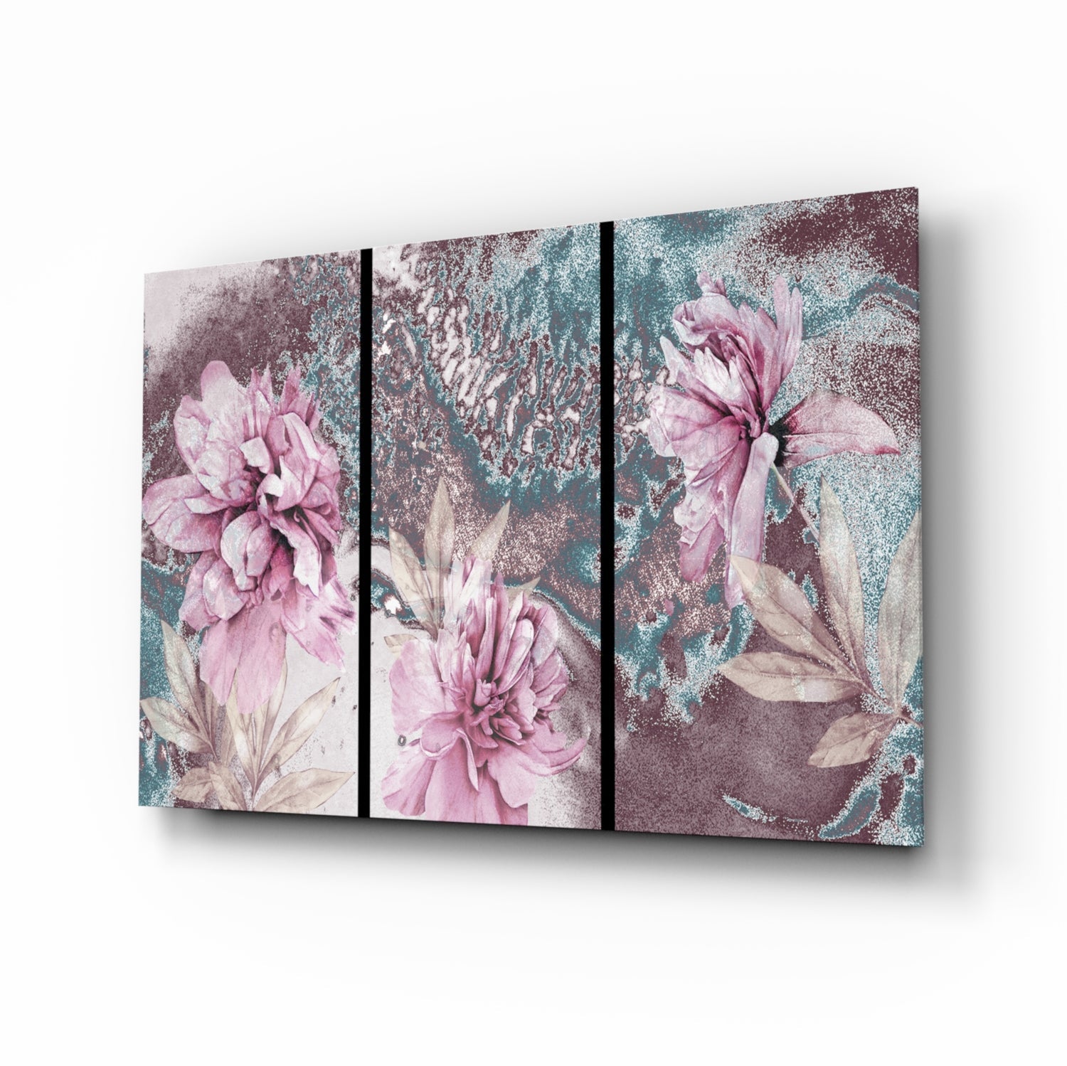 Pink peony teal marble glass wall art
