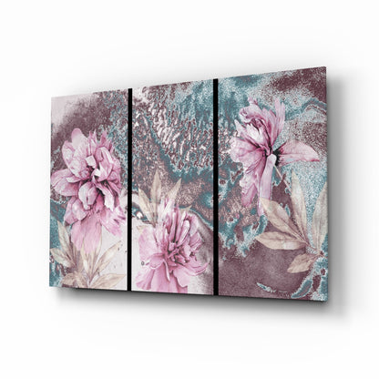 Pink peony teal marble glass wall art