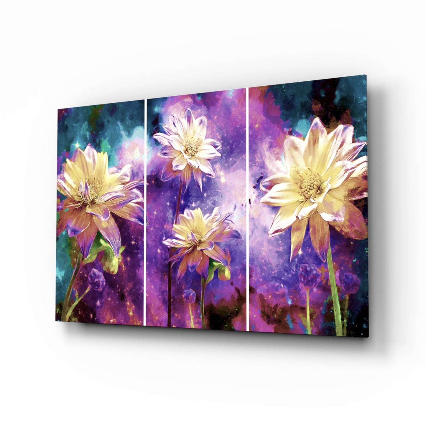Golden Dahlias Purple Cosmos triptych glass wall art