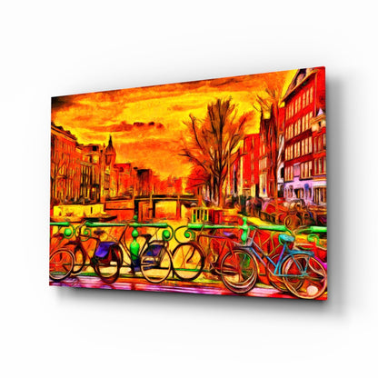 Sunset canal city with bicycles along an iron rail, impressionist glass wall art on tempered glass