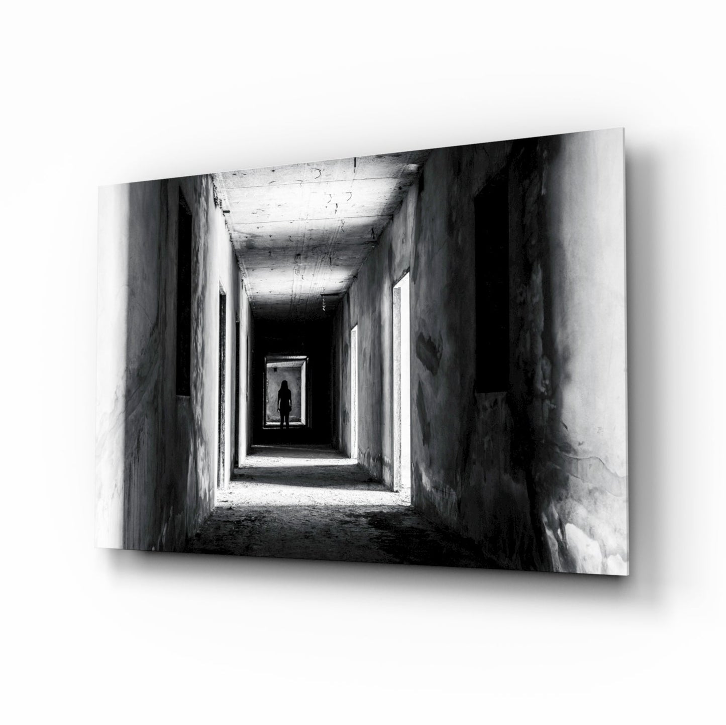 Shadow in the dark corridor glass wall art