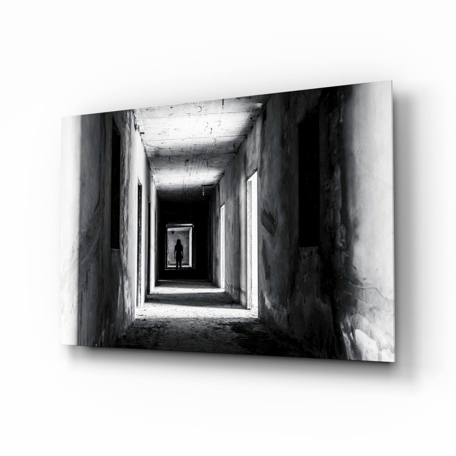 Shadow in the dark corridor glass wall art