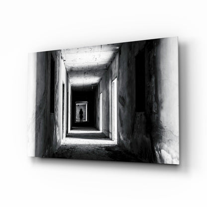 Shadow in the dark corridor glass wall art